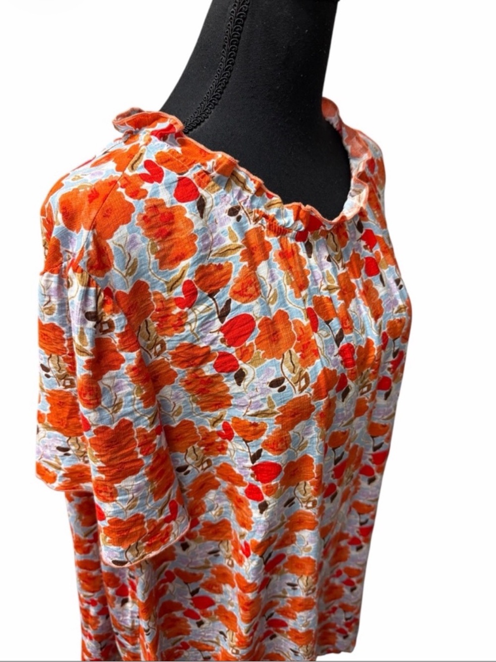 BloomChic Plus Size 22-24 Orange Floral Ruffle Neck Tunic Top - Picture 7 of 10